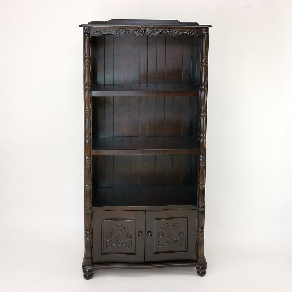 Bookcase, Three Shelves, Brown Solid Wood with Doors
