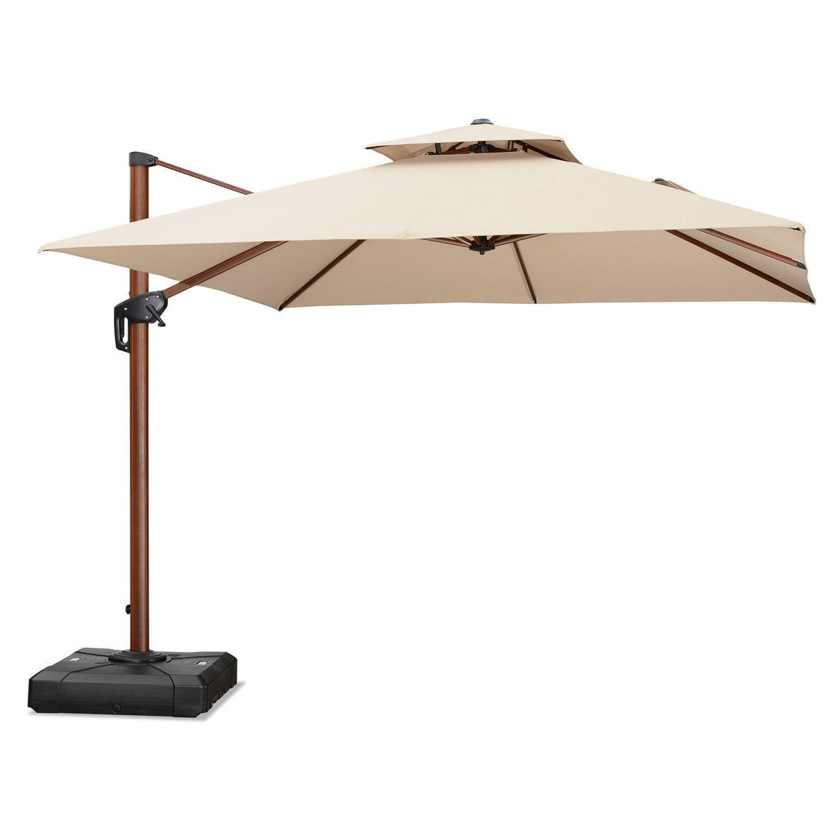 Cantilever Patio Umbrella, 10 Ft Square, Beige with Wood Pattern Aluminum Pole
