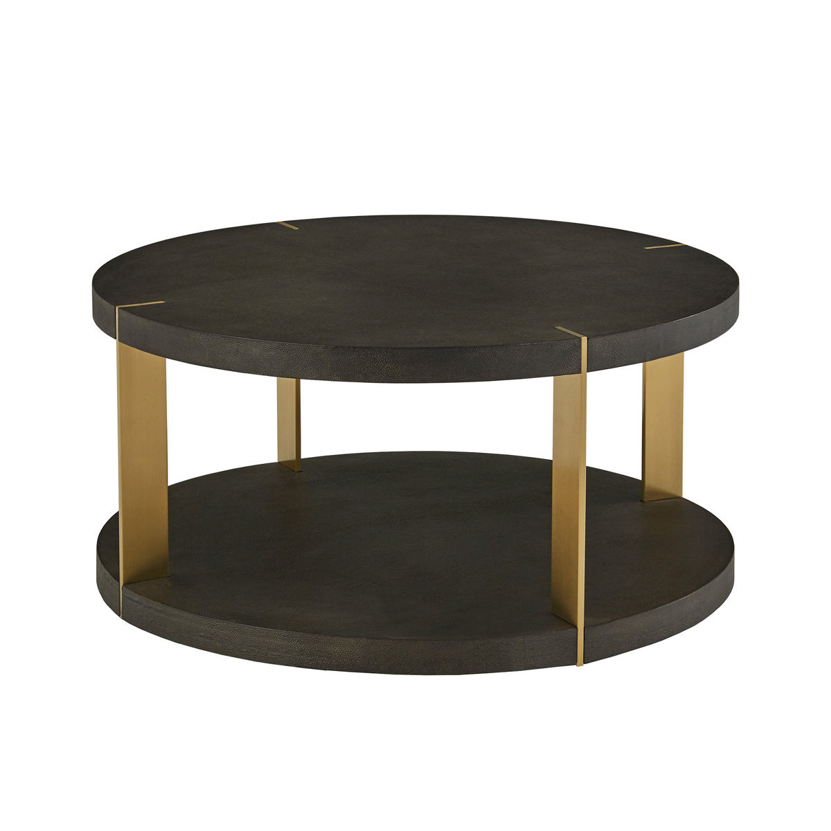 Coffee Table, 36 In Round, Brown Faux Shagreen Top, Gold Metal Base