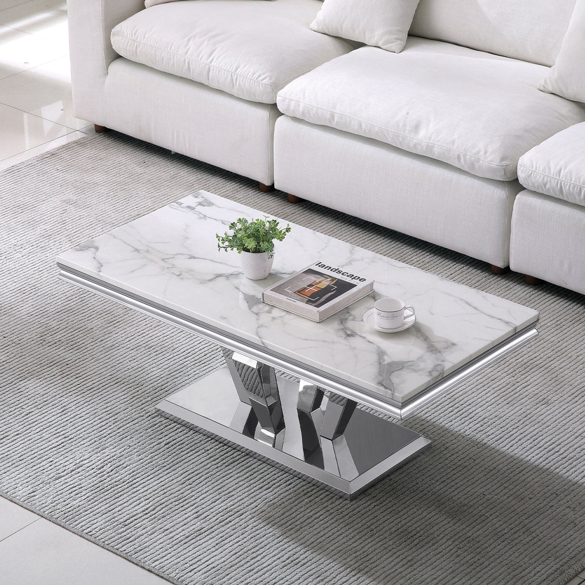 Coffee Table, Rectangular, Faux Marble MDF Top, Stainless Steel Base