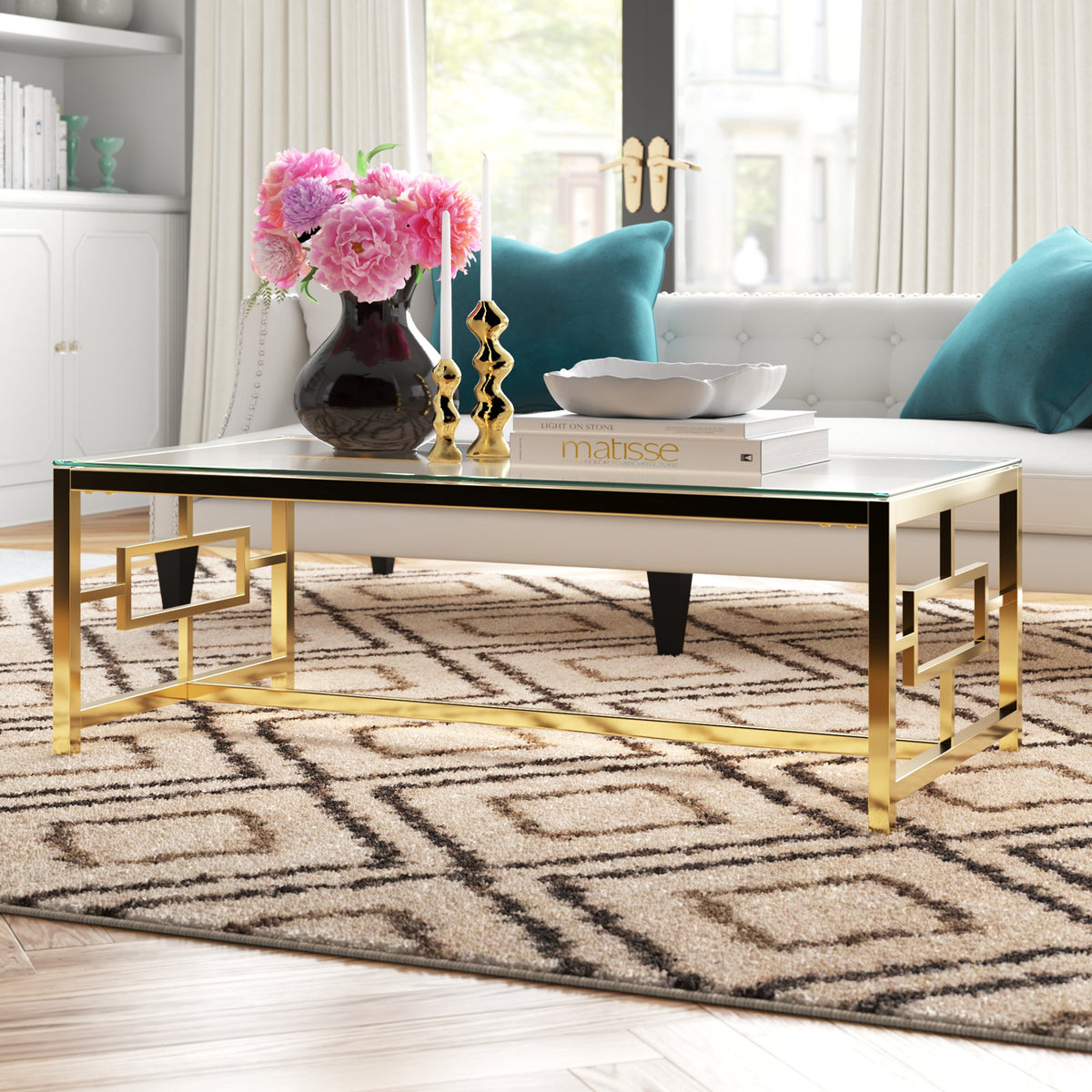 Coffee Table, Rectangular Tempered Glass Top with Gold Steel Frame