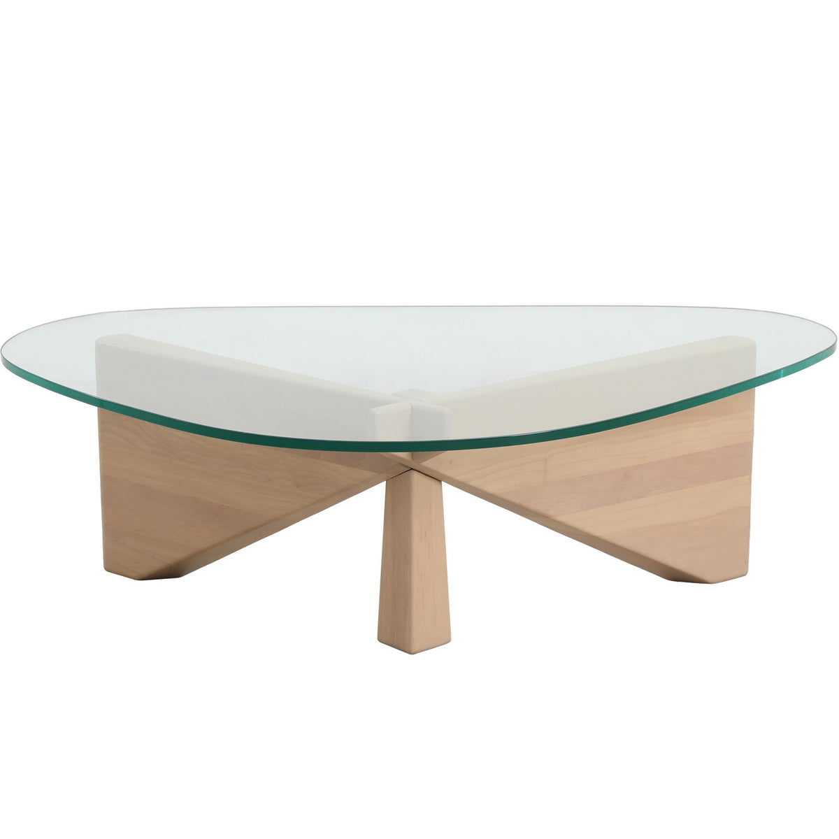 Coffee Table, Triangular Tempered Glass Top with Natural Rubberwood Base