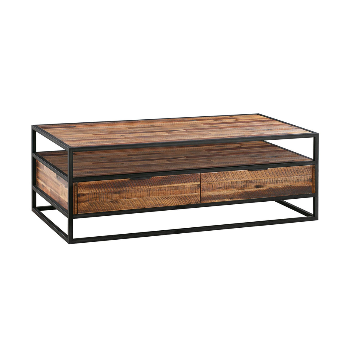 Coffee Table with 2 Drawers, Brown Acacia Wood with Black Metal Base