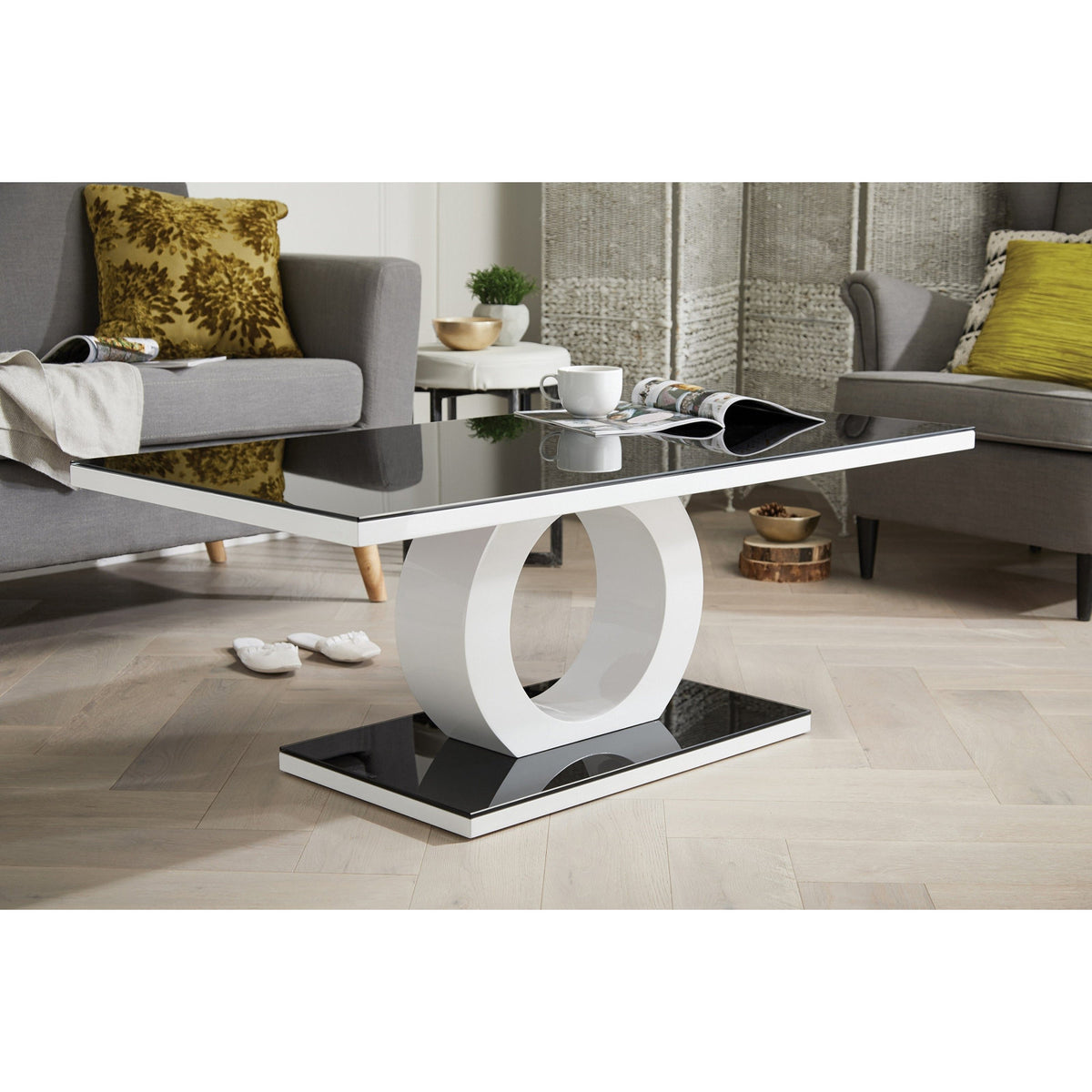 Coffee Table with Tempered Glass Top and Pedestal Base, Black