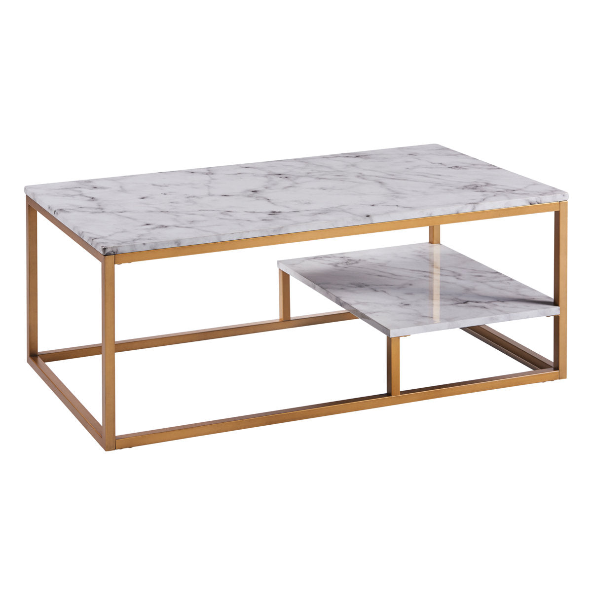 Coffee Table with White Faux Marble Top and Brass Frame