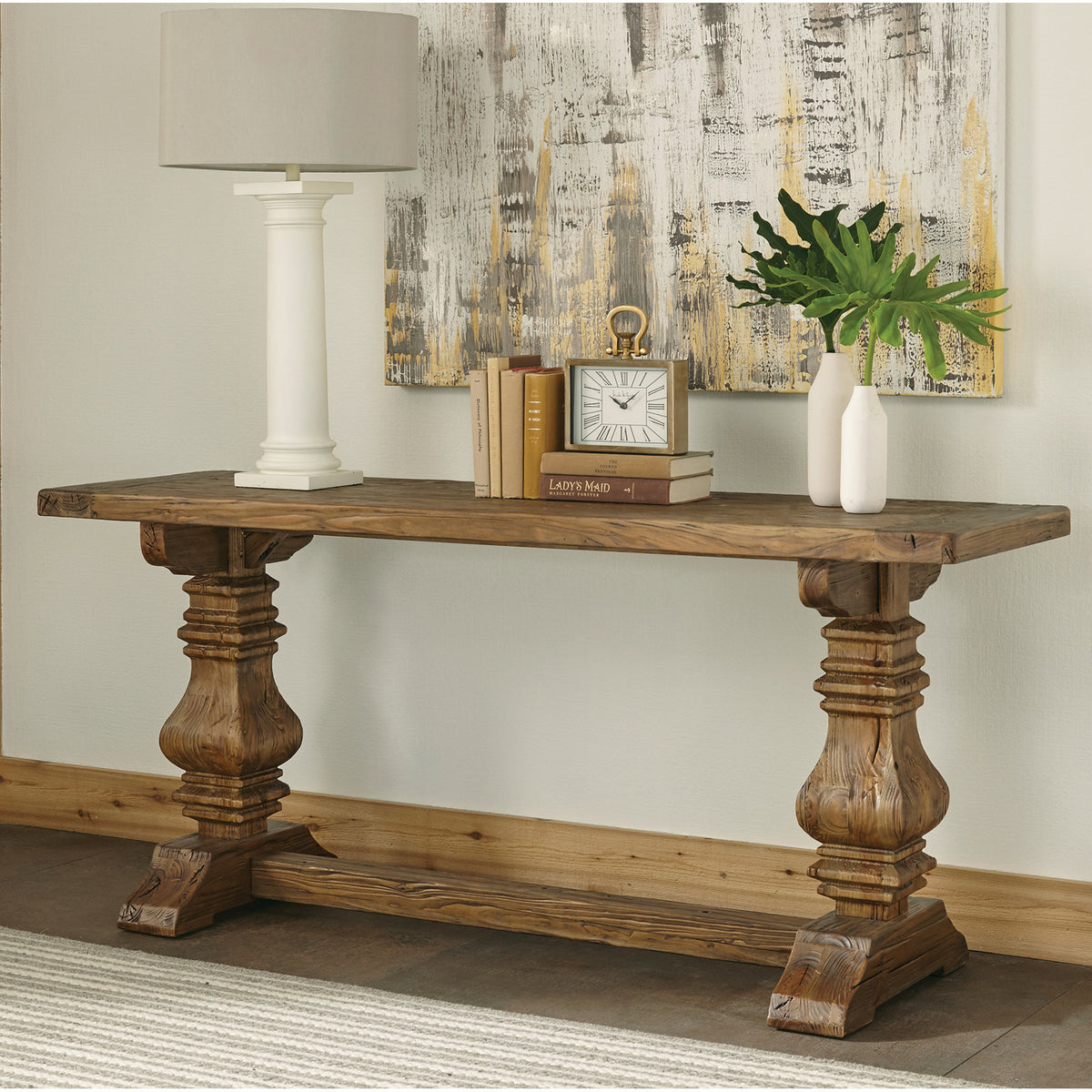 Console Table in Solid Pine with Trestle Base, Natural Top and Brown Base