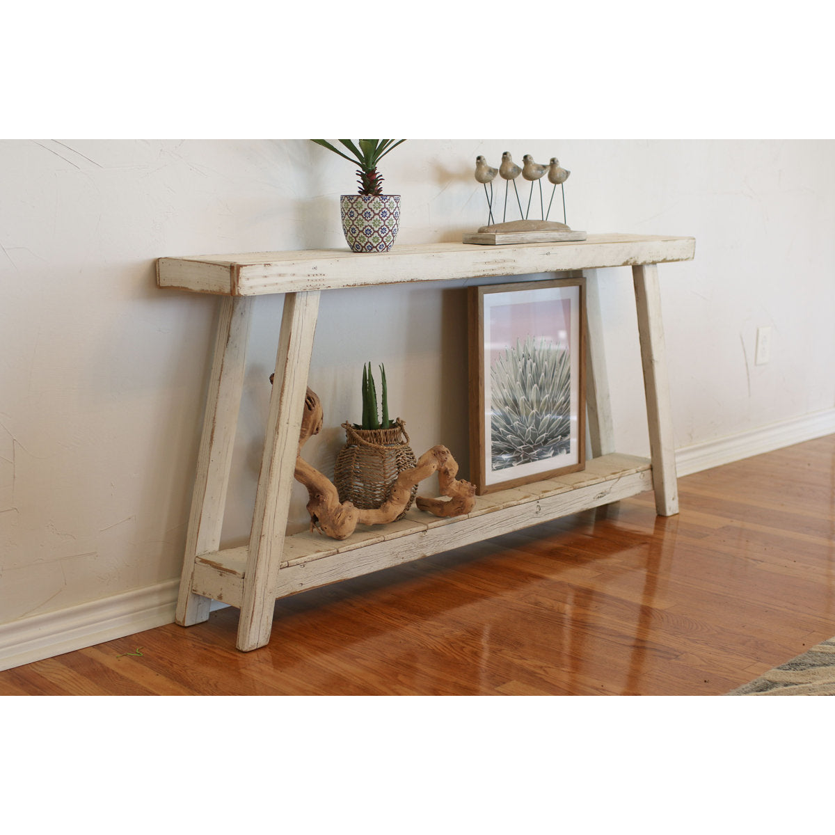 Console Table, Reclaimed Wood with White Distressed Finish
