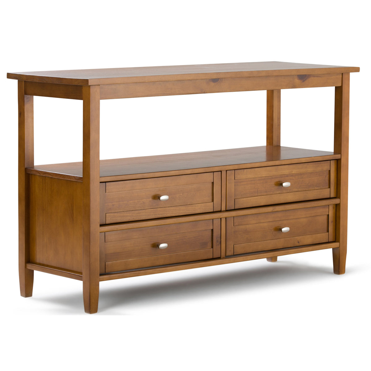 Console Table with Four Drawers and Open Shelf in Light Golden Brown Solid Pine
