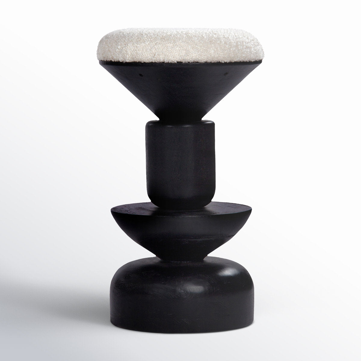 Counter Stool, 26 Inch Seat Height, White Boucle Seat, Black Mango Wood Base