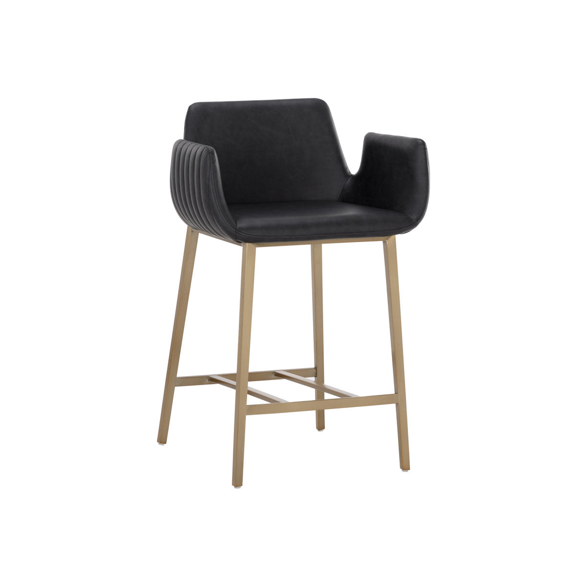 Counter Stool, Black Faux Leather, Gold Stainless Steel Legs