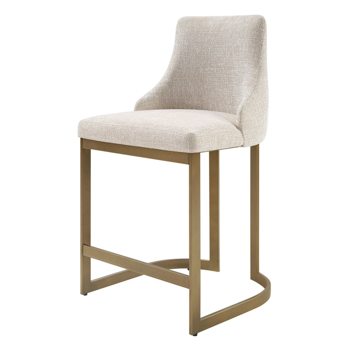 Counter Stool, Cream Polyester Upholstery, Antique Gold Metal Sled Base