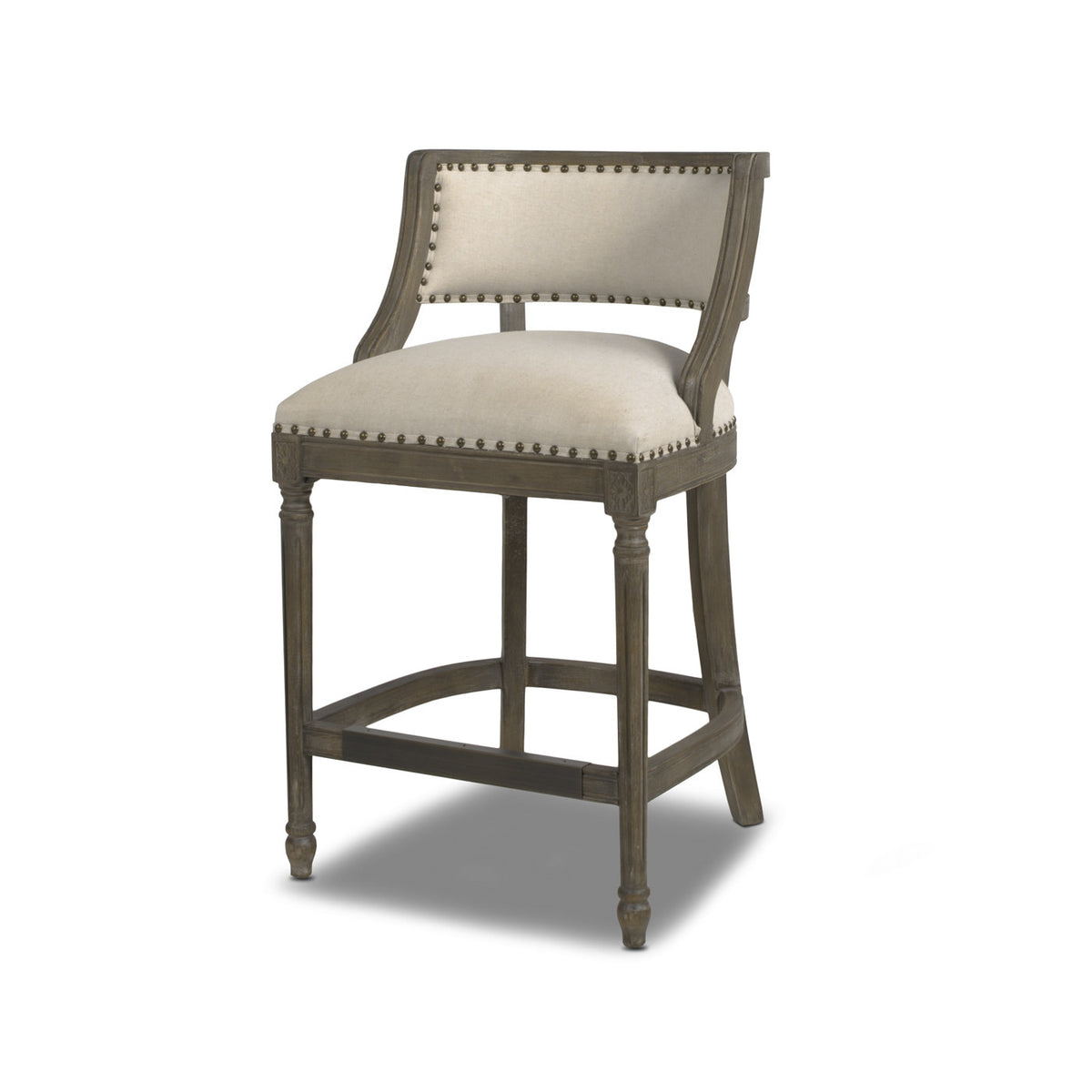 Counter Stool, Light Beige Linen, Solid Wood Frame, Gray Wood Base