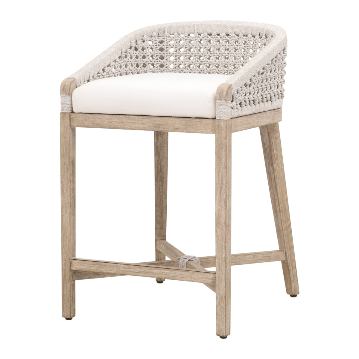 Counter Stool, Mahogany and Aluminum Frame, White Upholstered Rope Seat