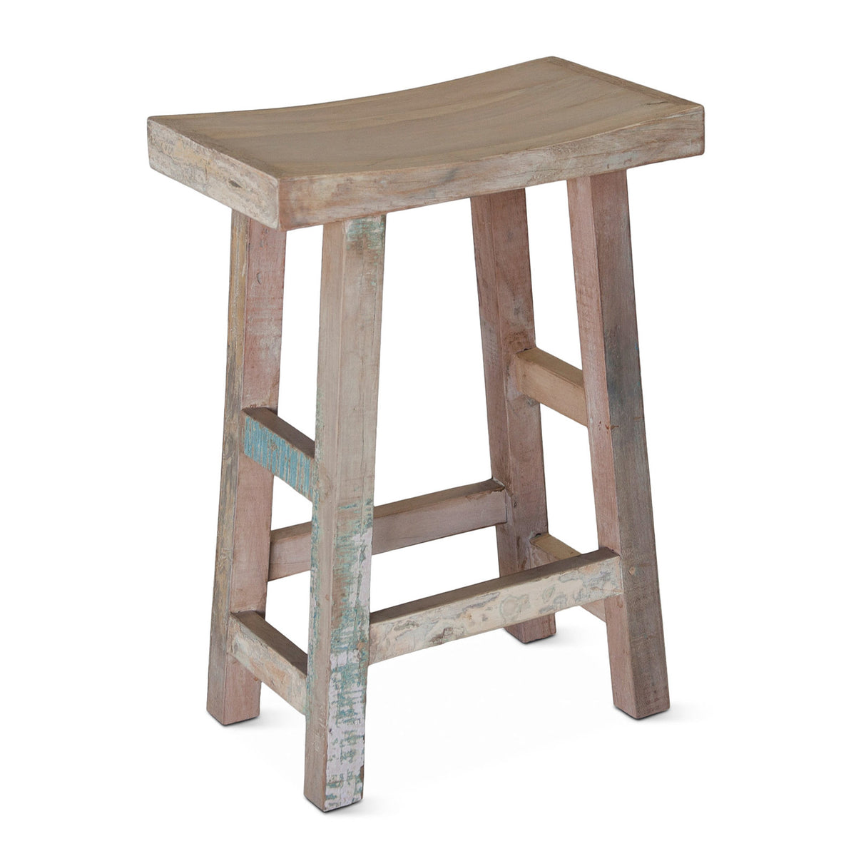 Counter Stool, Reclaimed Teak Wood, Backless, Four Legs, Footrest