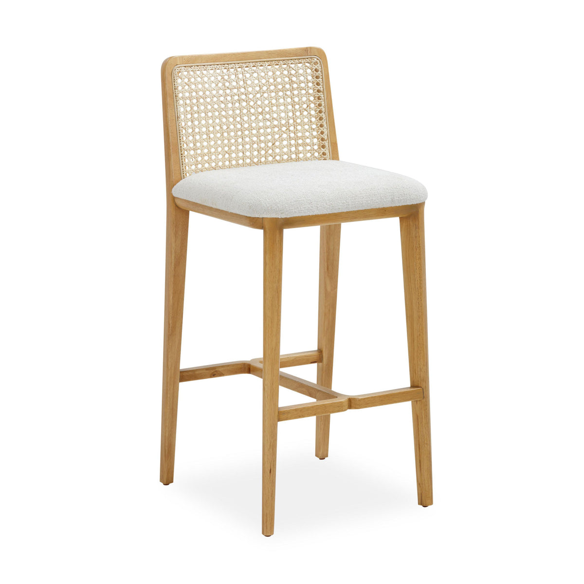 Counter Stool, Woven Rattan Back, Cream Fabric Seat, Natural Rubberwood Frame
