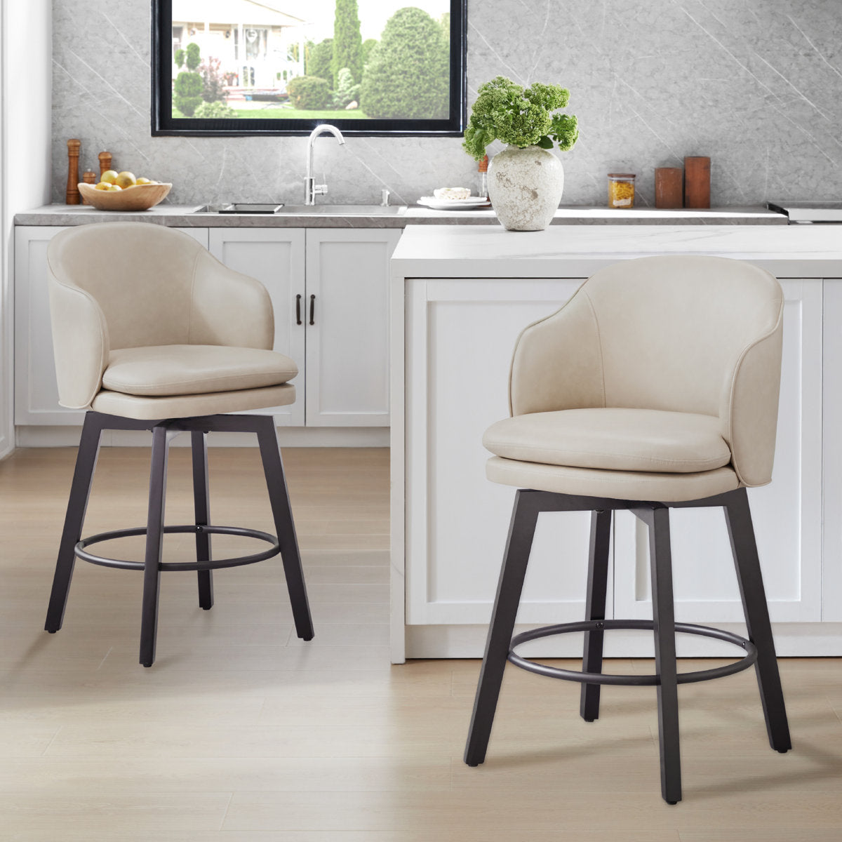 Counter Stools, Set of 2, Beige Upholstered Seat, Black Base