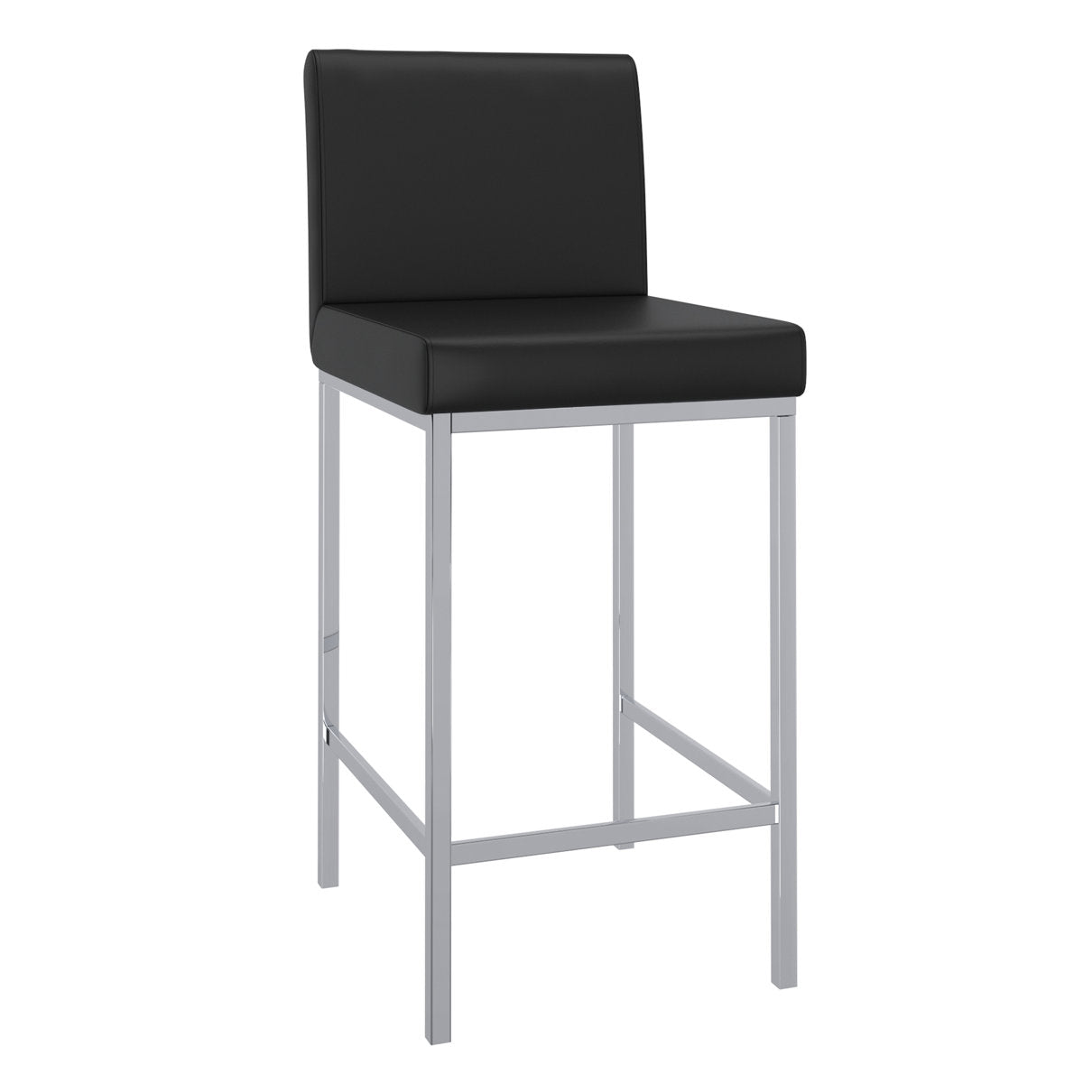 Counter Stools, Set of 2, Black Faux Leather, Polished Chrome Steel Base