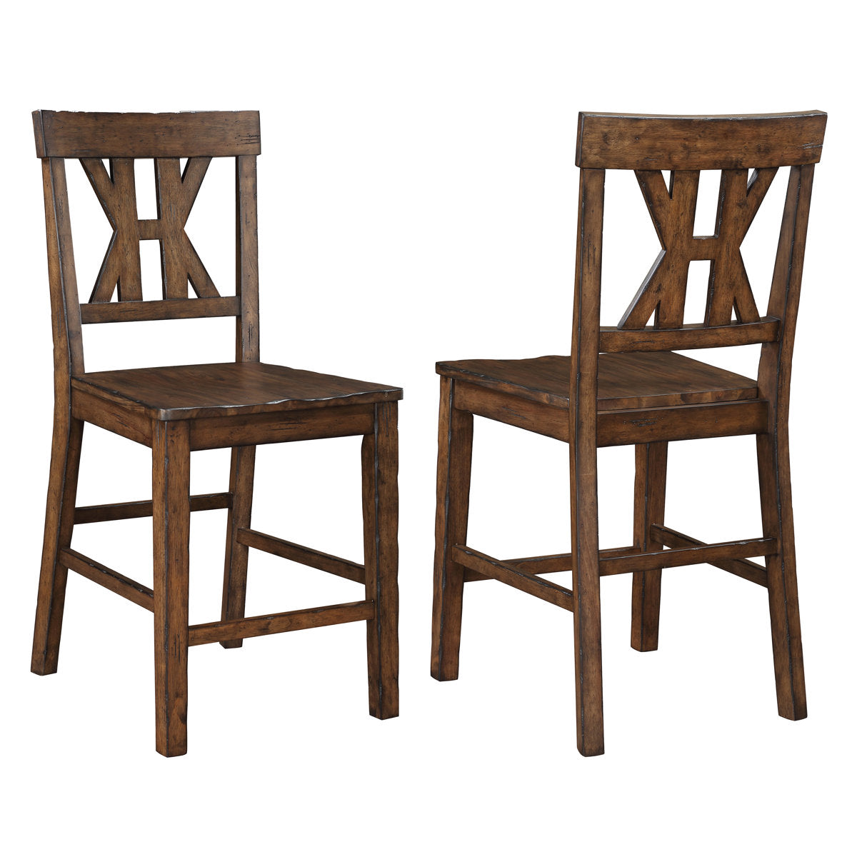 Counter Stools, Set of 2, Brown Wood Veneer Seat, Slat Back