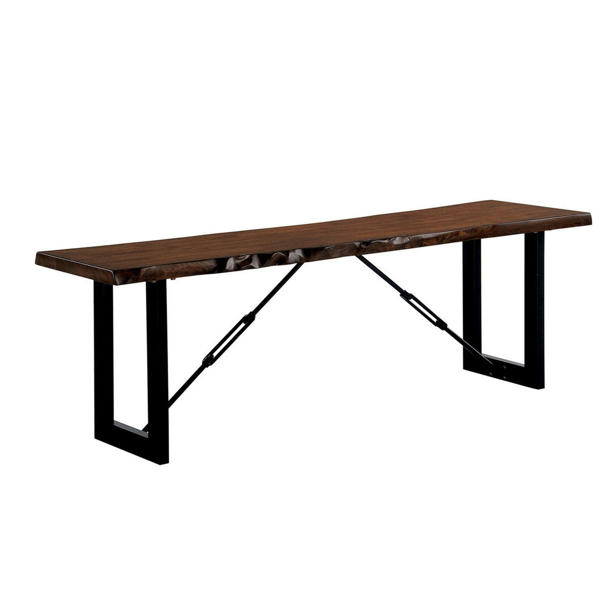 Dining Bench, 54 in Wide, Metal Legs with Walnut Brown Wood Seat