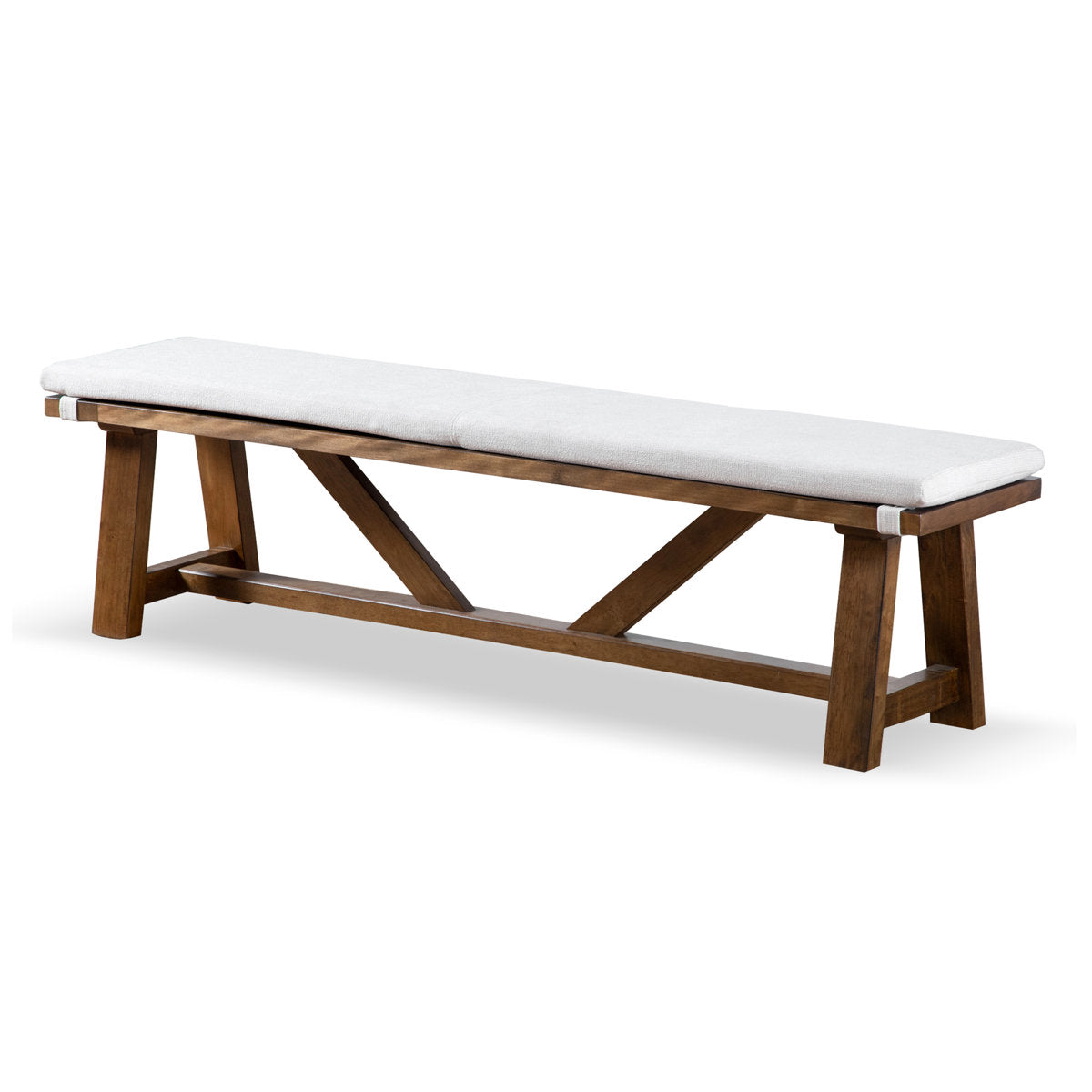 Dining Bench, 59.5 In Wide, White Fabric Seat with Brown Solid Wood Frame