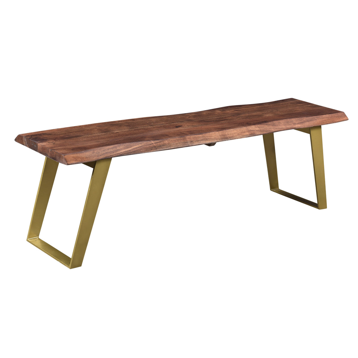 Dining Bench, 60 in W, Solid Wood with Metal Legs in Brown/Gold