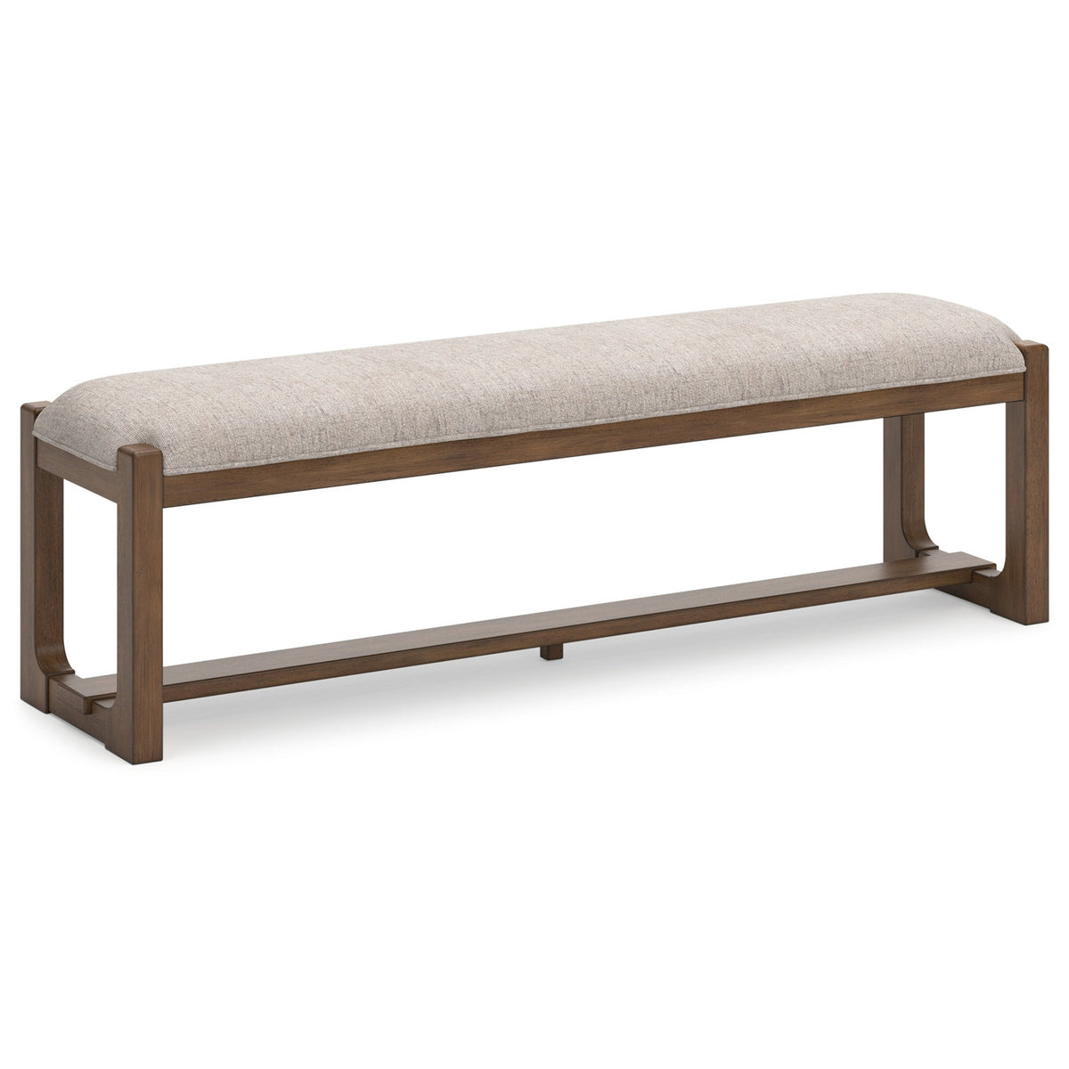 Dining Bench, Seats Two, Gray Upholstery with Brown Wood Legs