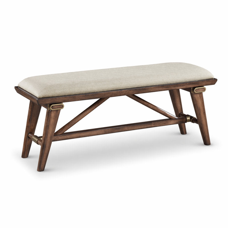 Dining Bench with Beige Polyester Seat and Walnut Wood Legs