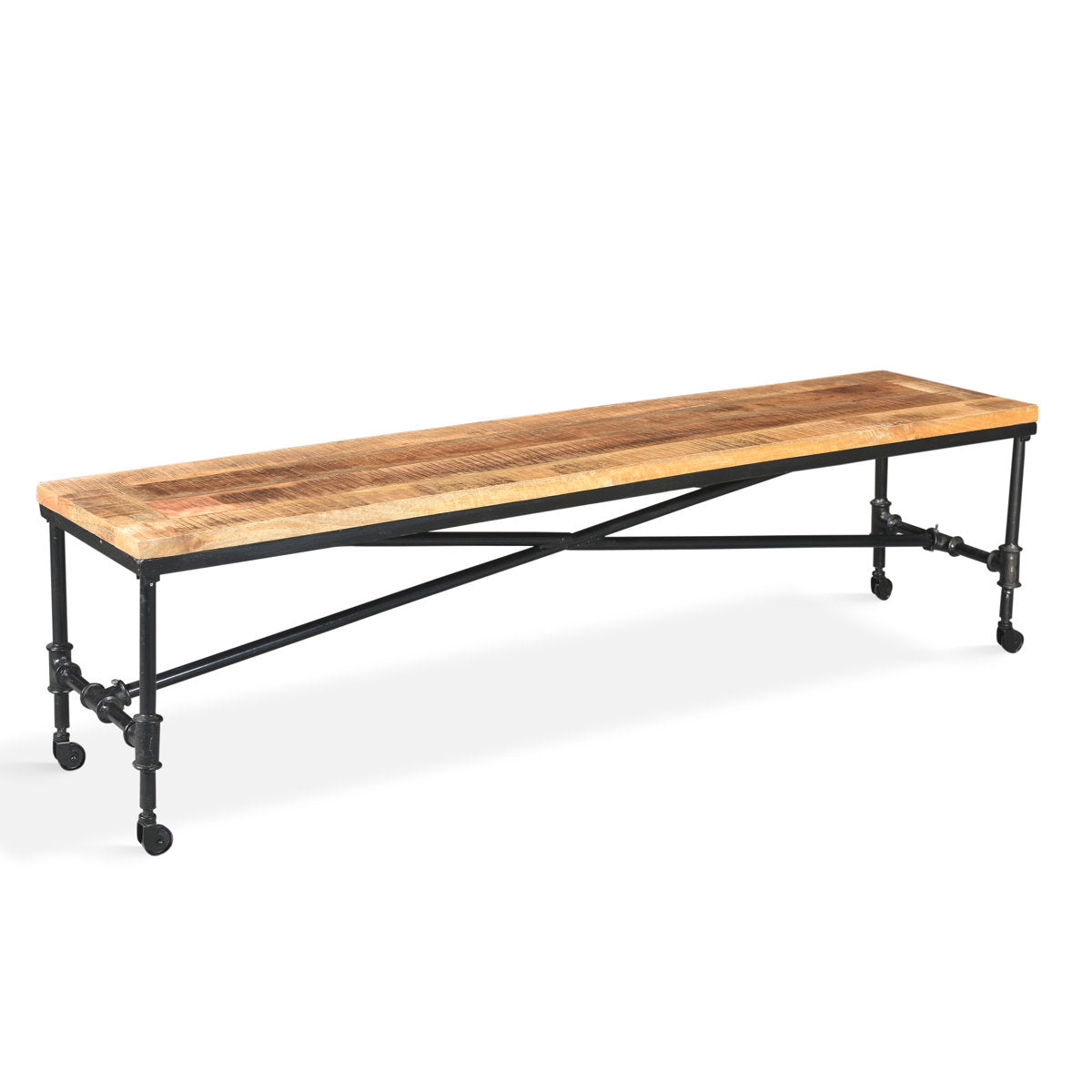 Dining Bench with Double Drawers, Natural Mango Wood with Metal Wheeled Legs
