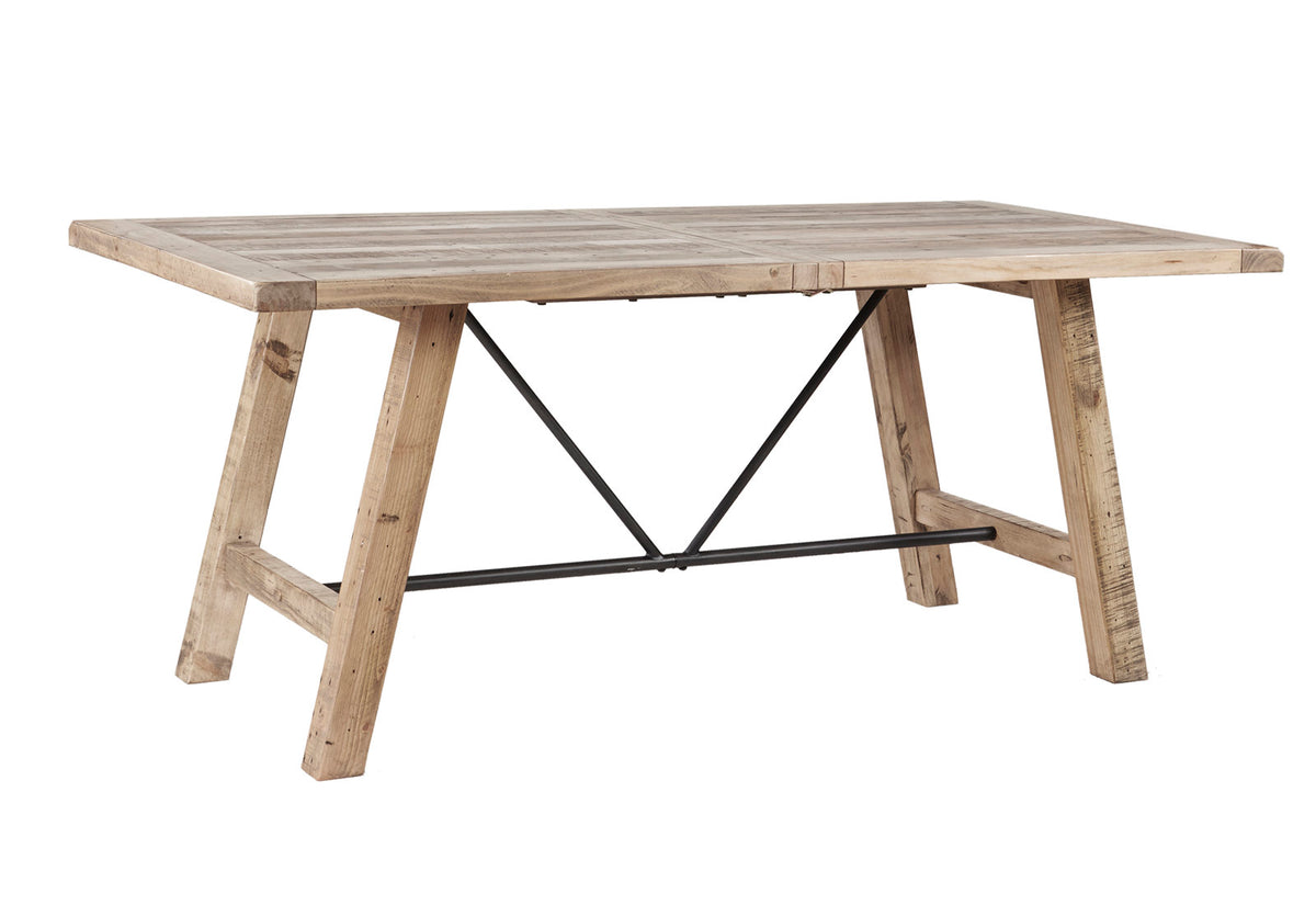 Dining Table, Seats 6, Natural Reclaimed Pine with Metal Stretchers