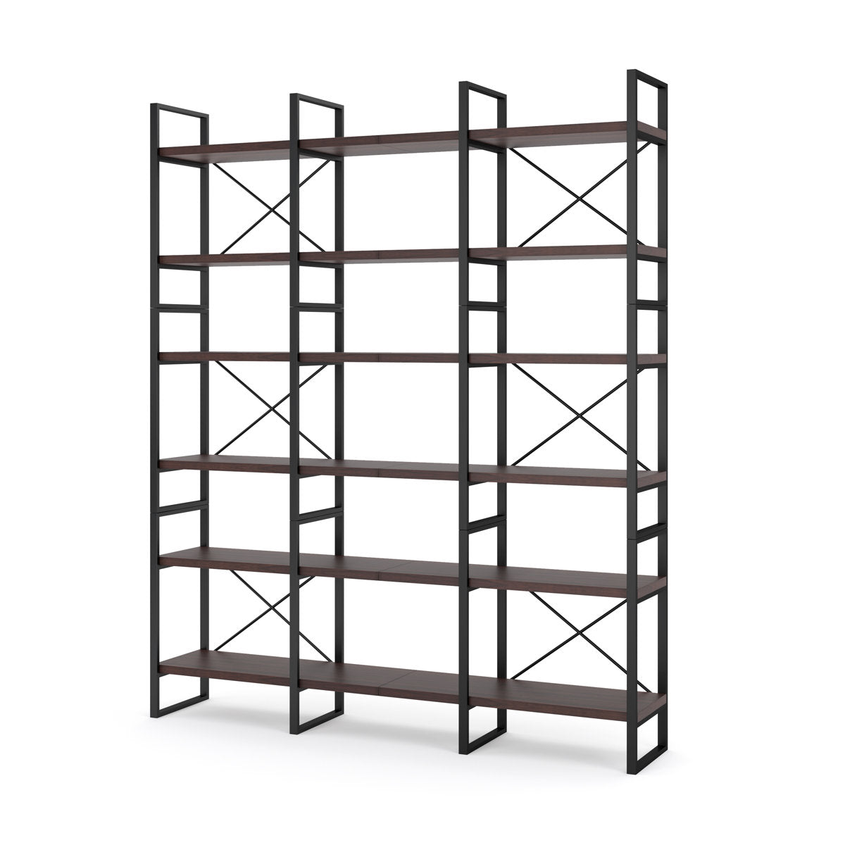 Double Bookcase with 6 Open Shelf Tiers in Dark Walnut and Black Metal