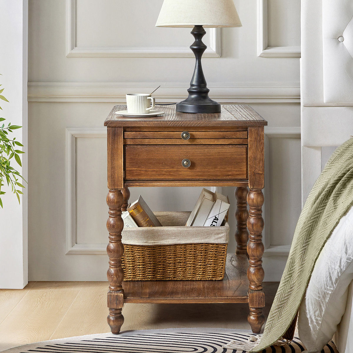 End Table in Solid Wood with Bobbin Legs, Drawer and Outlets