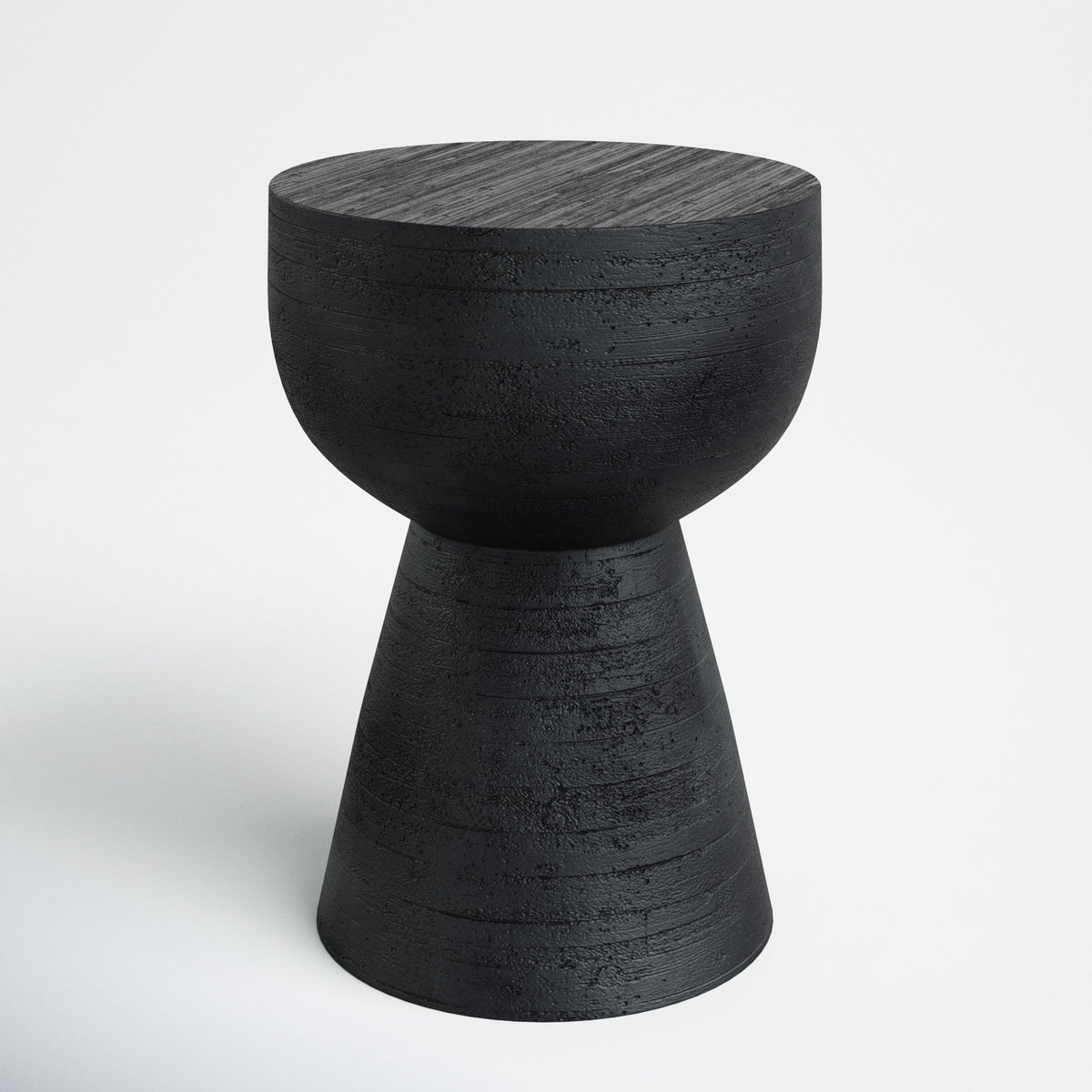 End Table, Round Acacia Wood with Dark Charcoal Drum Base