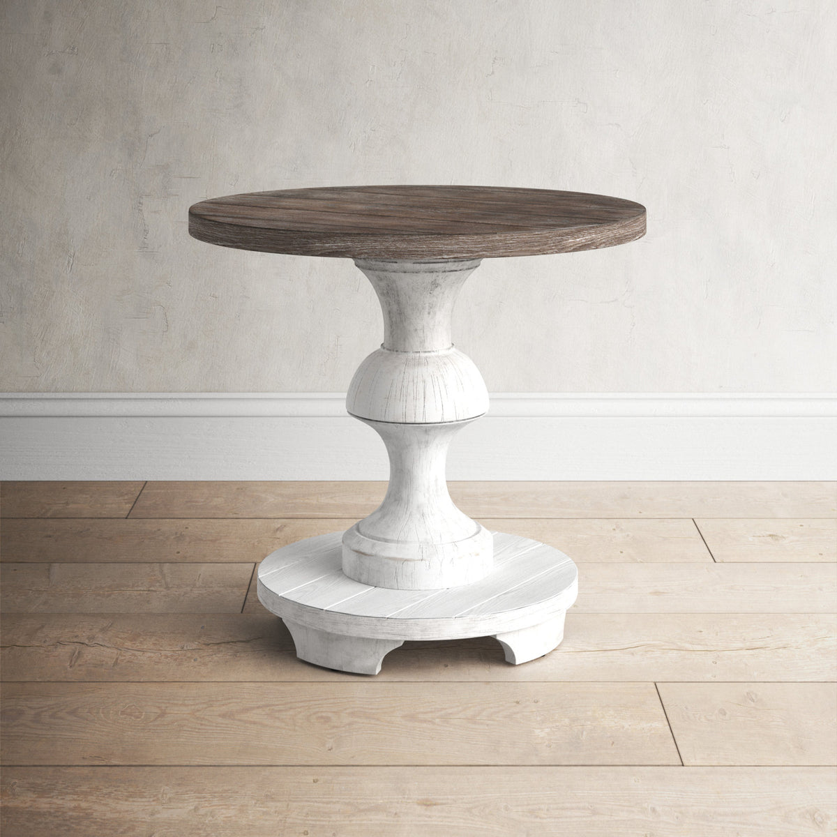 End Table, Round Oak Veneer Top with White Pedestal Base