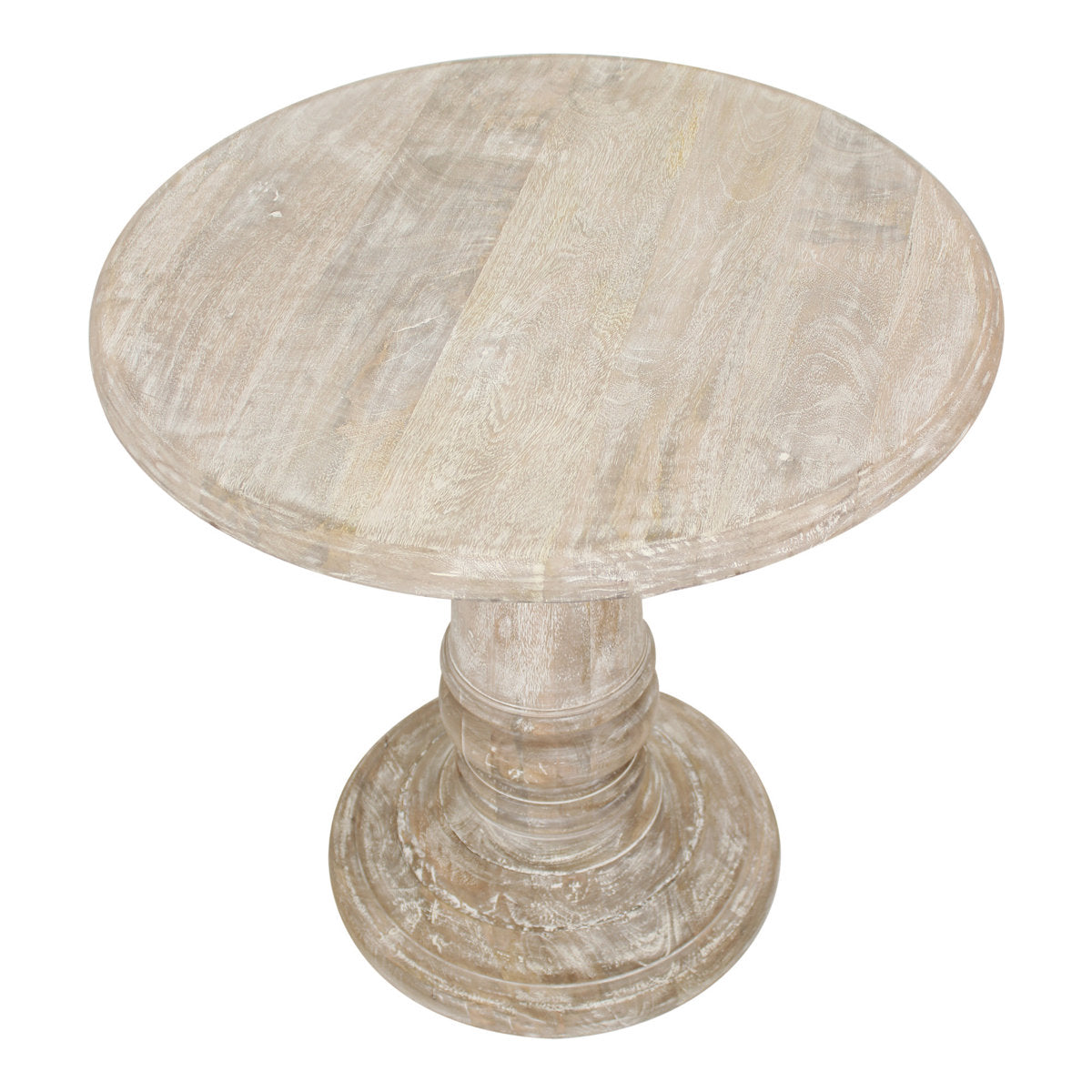 End Table, Round Solid Mango Wood with Pedestal Base in Beige