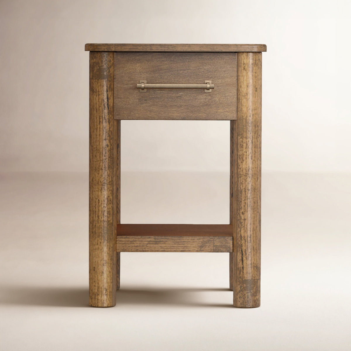 End Table, Solid Mango Wood with Drawer and Shelf in Brown