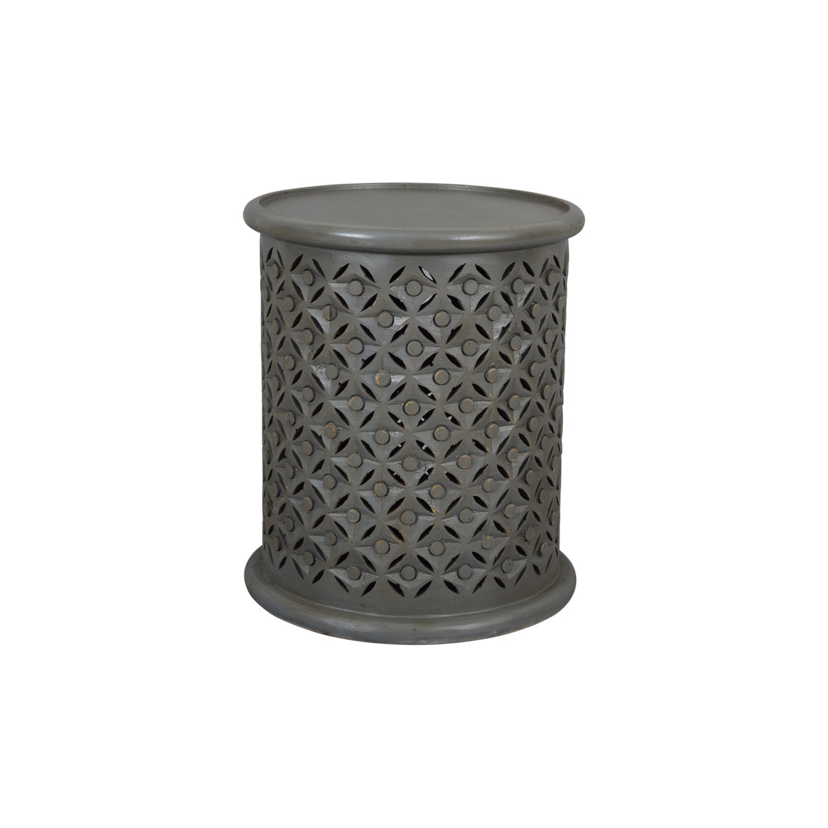 End Table, Solid Mango Wood with Drum Base, Antique Gray