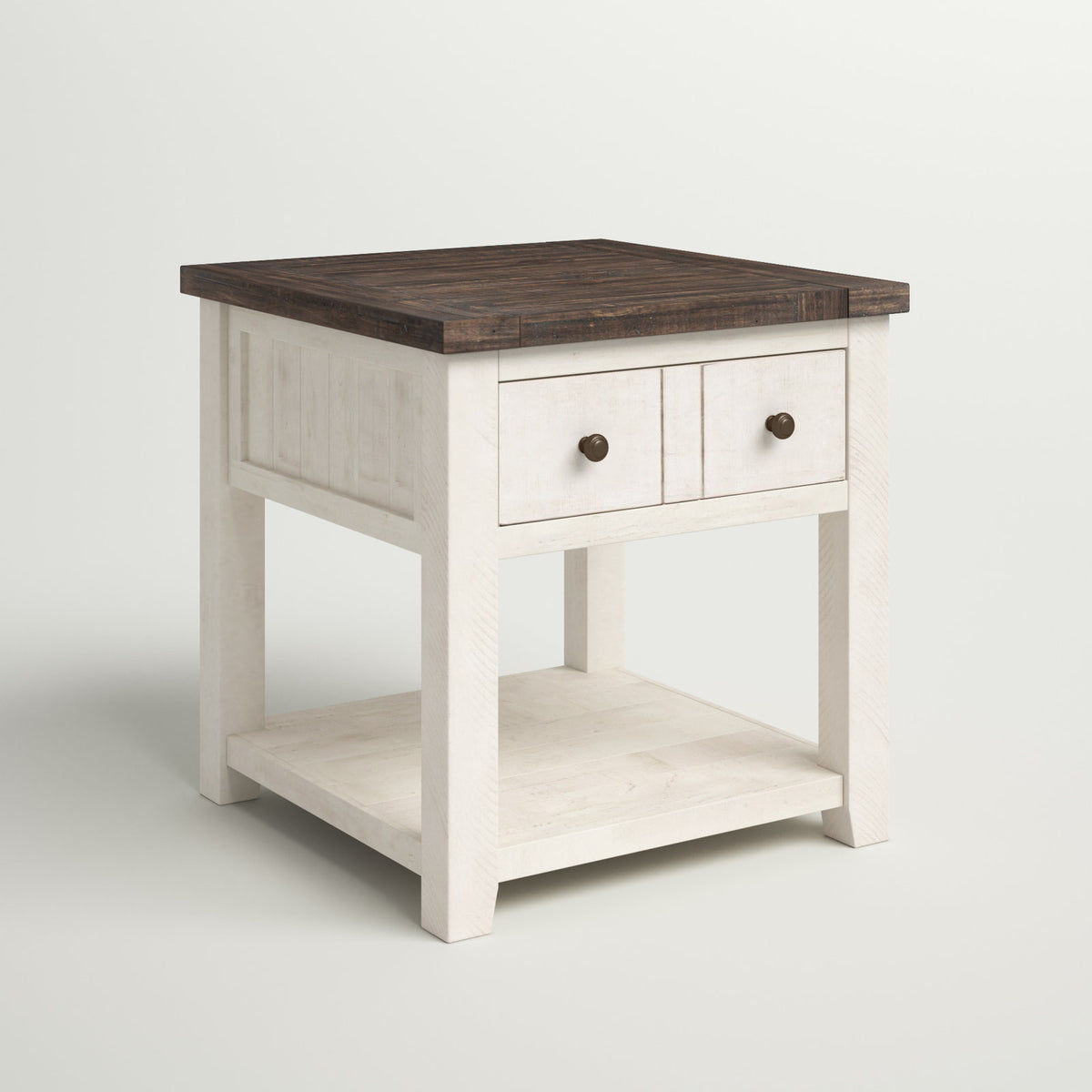 End Table, Solid Pine Wood with Drawer and Shelf