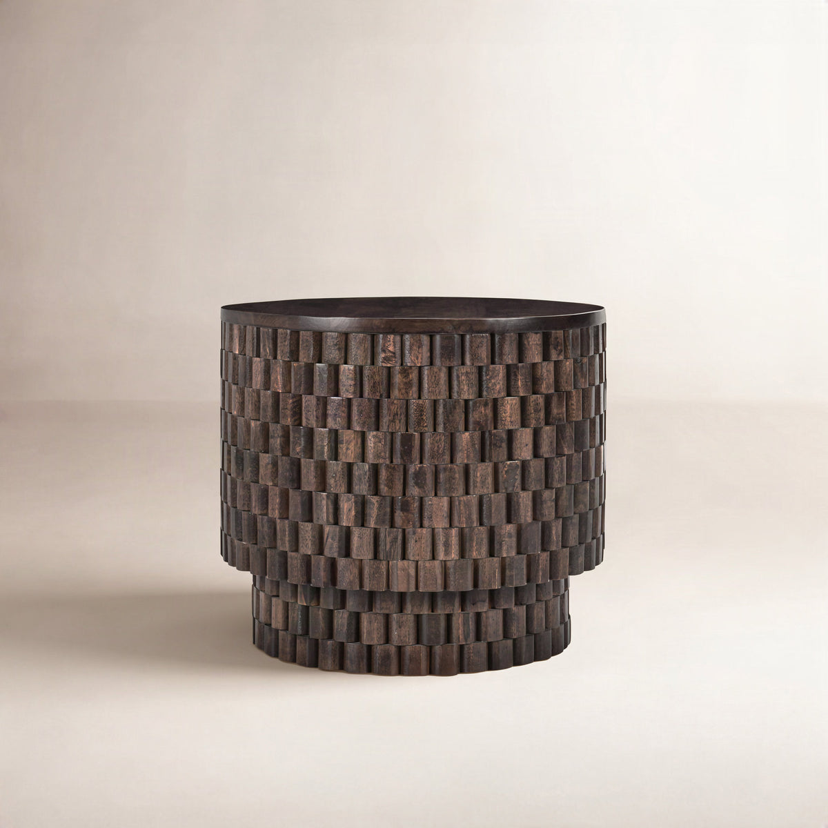 End Table, Solid Wood Tiered Drum Base in Brown