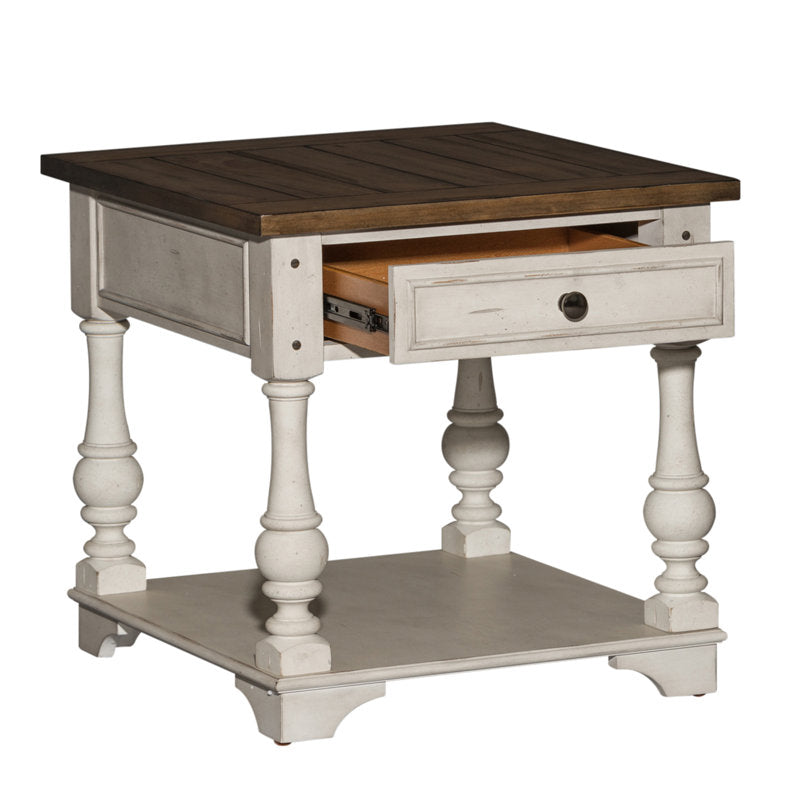 End Table with Drawer and Shelf in Solid Wood, Brown Top and White Base