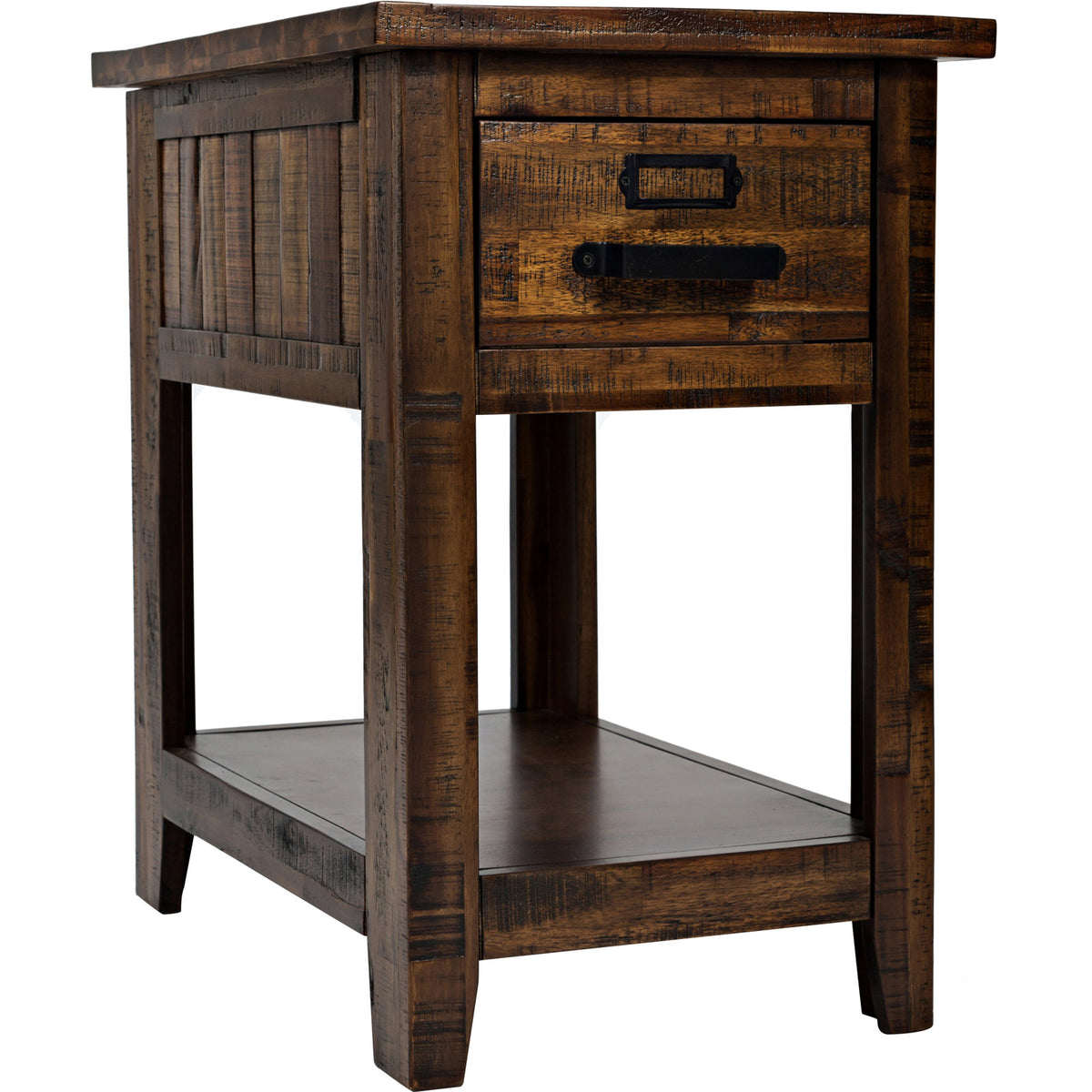 End Table with Drawer and Shelf, Solid Acacia Wood in Distressed Brown