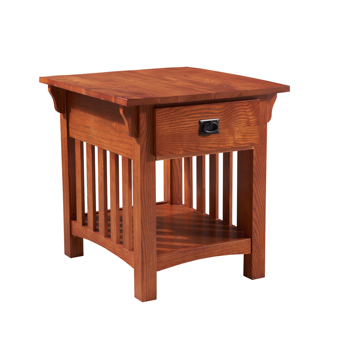 End Table with Drawer and Shelf, Solid Ash Wood in Medium Oak