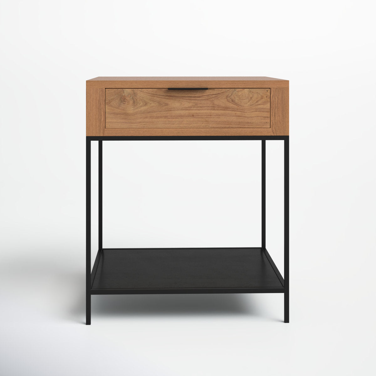 End Table with Drawer and Shelf, Solid Teak Top in Brown with Black Iron Base