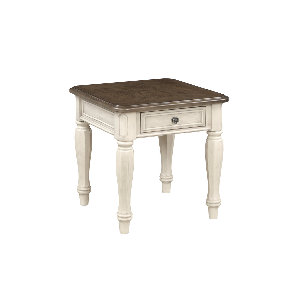 End Table with Drawer, Solid Oak in Brown Top and Weathered White Base
