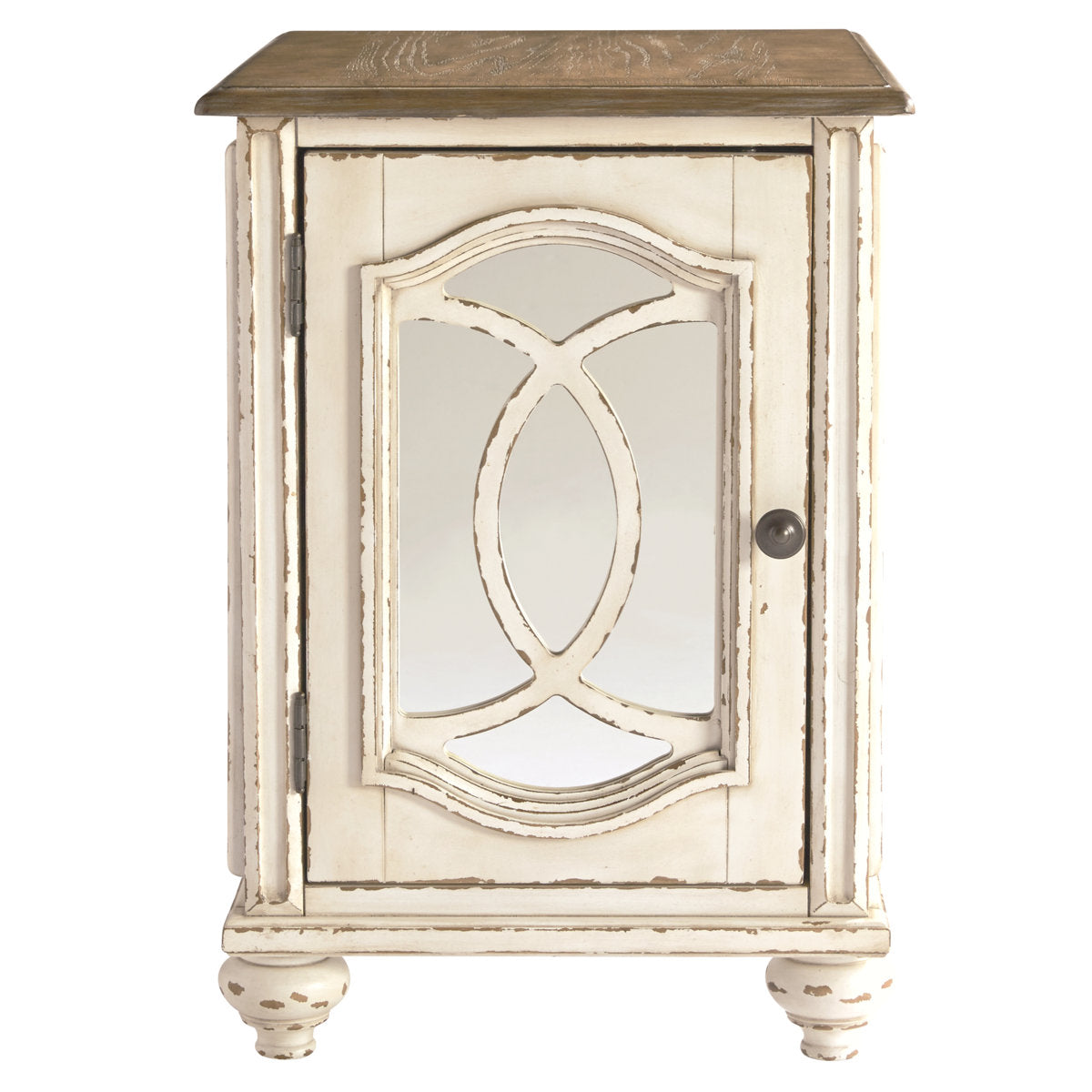 End Table with Mirrored Door and Shelves, White with Brown Top