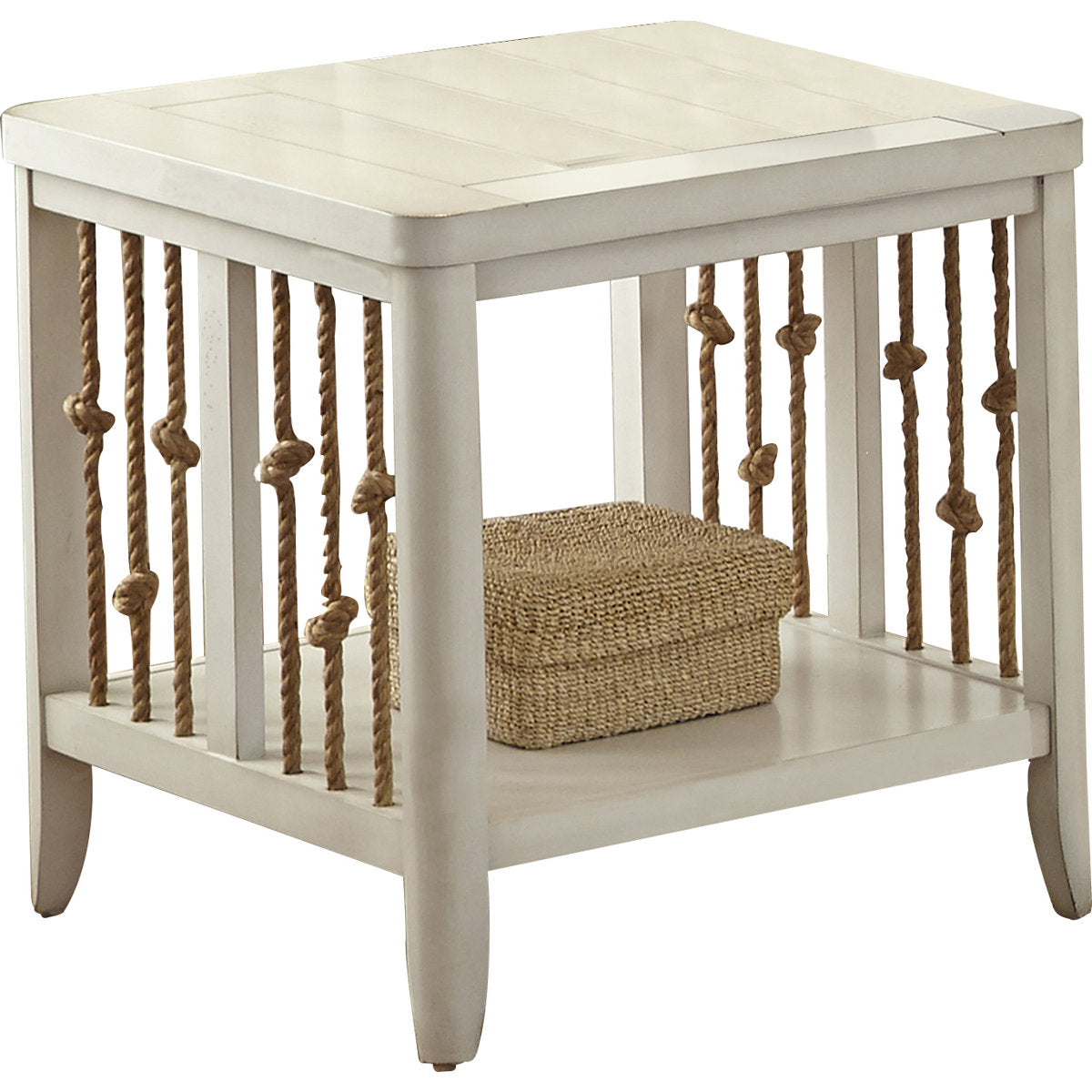 End Table with Open Shelf in Solid Wood and Rope, White/Brown