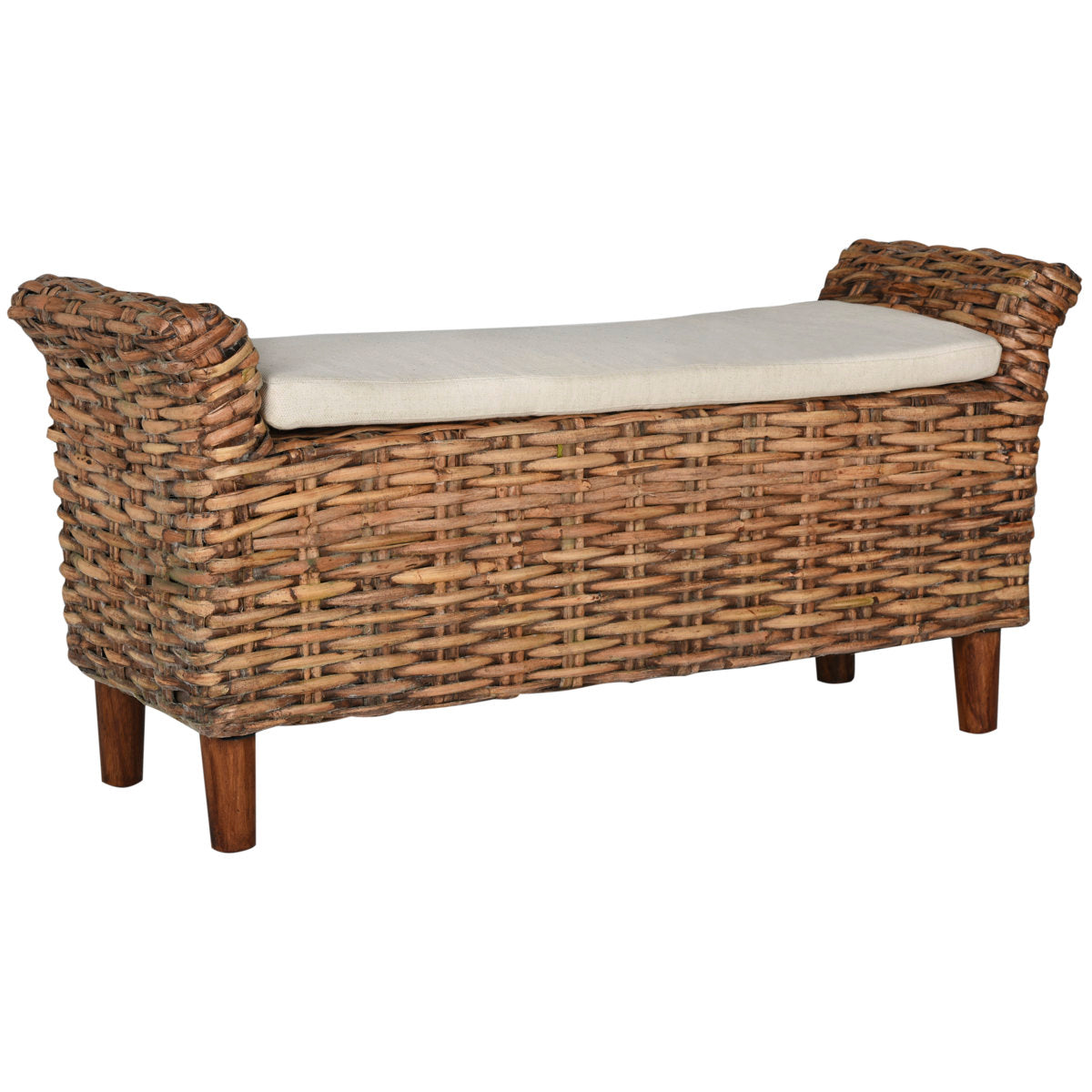 Entryway Bench, Upholstered Solid Wood with White Cushion and Brown Frame