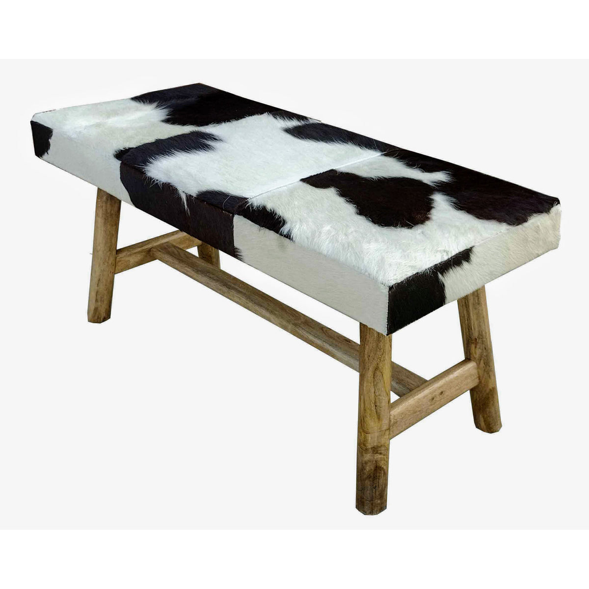 Entryway Bench with Black and White Cowhide Seat and Wood Legs