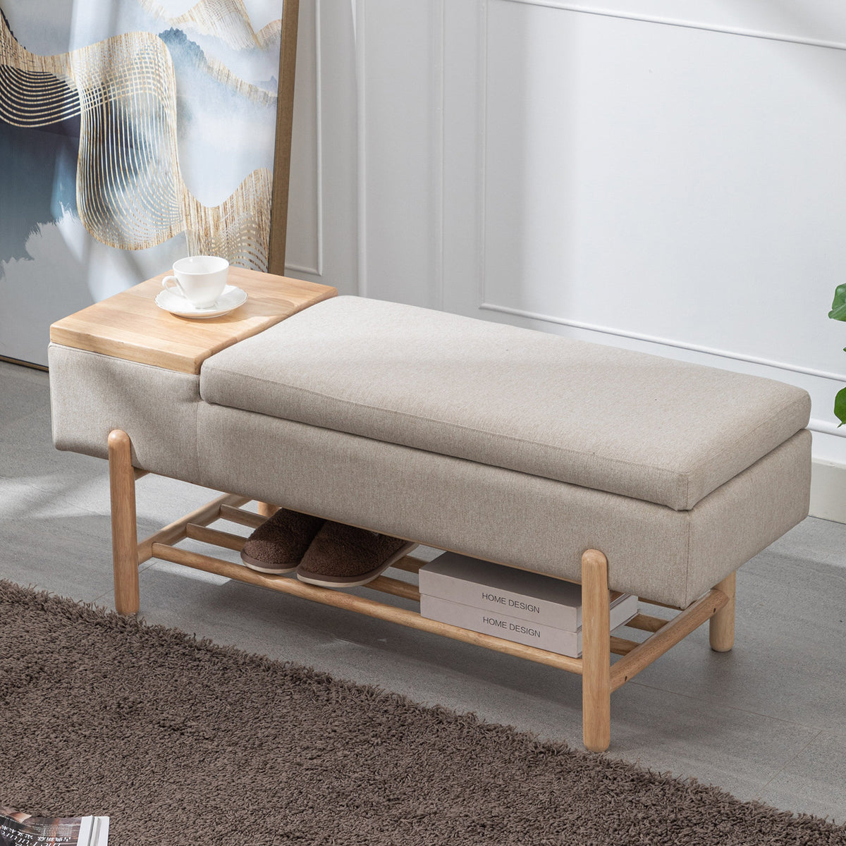 Entryway Bench with Flip-Top Storage, Beige Faux Fur with Solid Wood Legs