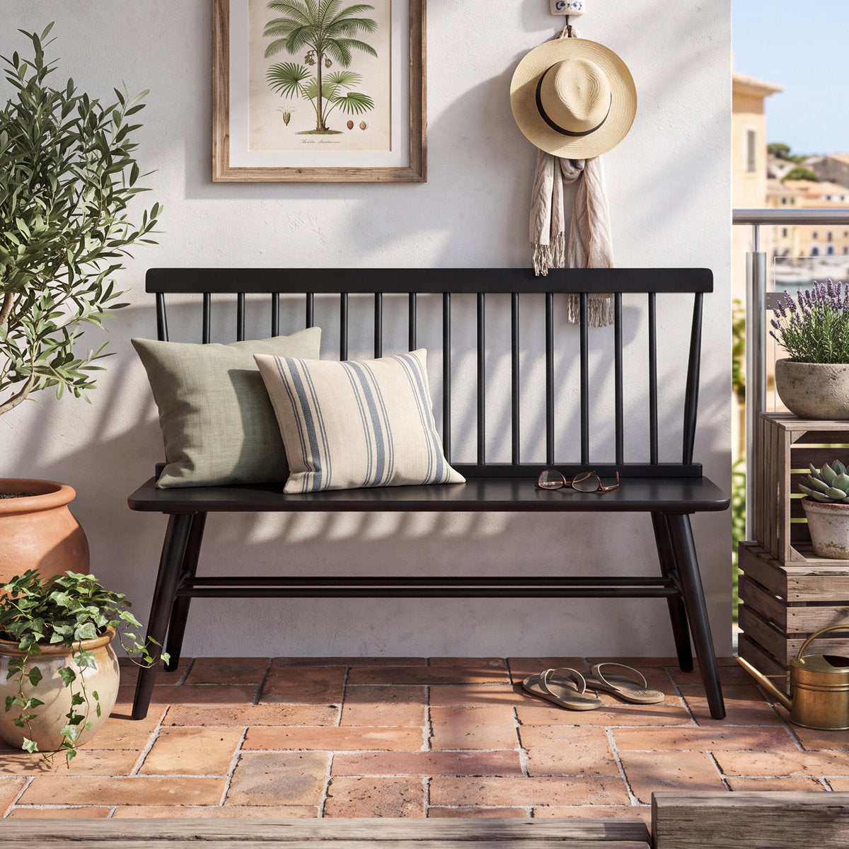 Entryway Bench with Solid Rubberwood Frame in Black