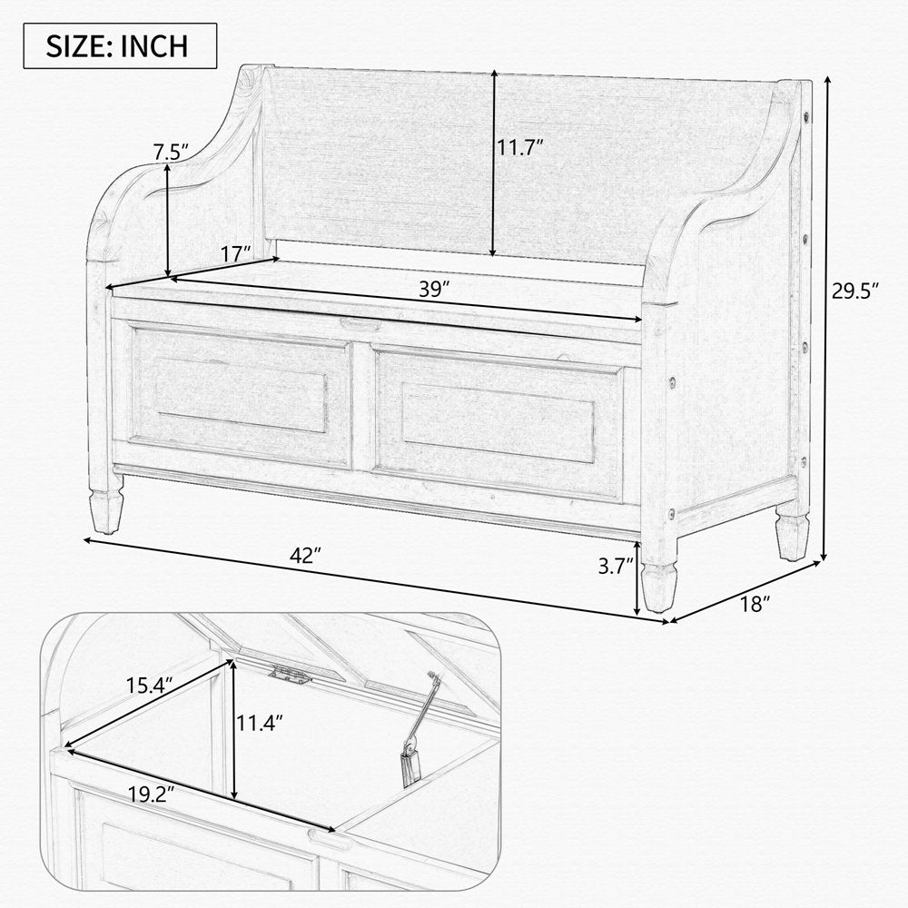 Entryway Bench with Storage and Upholstered Seat in Gray Wash